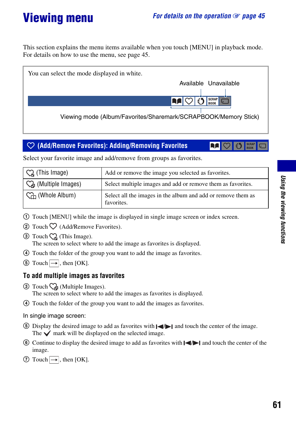 Viewing menu, Add/remove favorites): adding/removing favorites | Sony DSC-T2 User Manual | Page 61 / 131