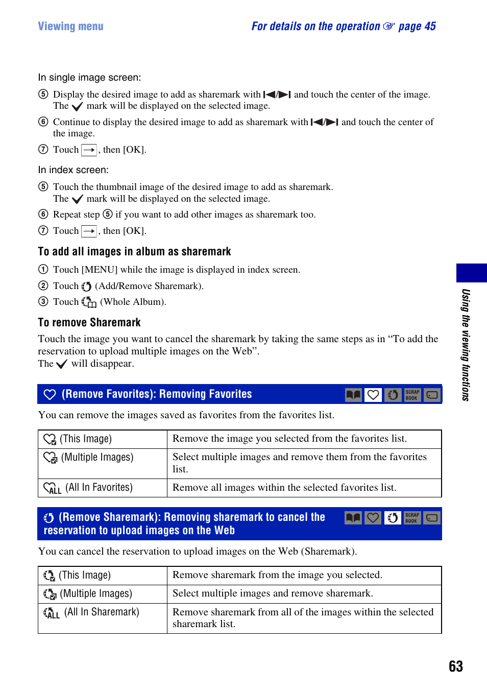 Remove favorites): removing favorites, Images on the web | Sony DSC-T2 User Manual | Page 63 / 131