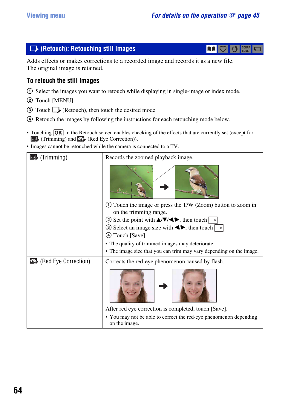 Retouch): retouching still images | Sony DSC-T2 User Manual | Page 64 / 131