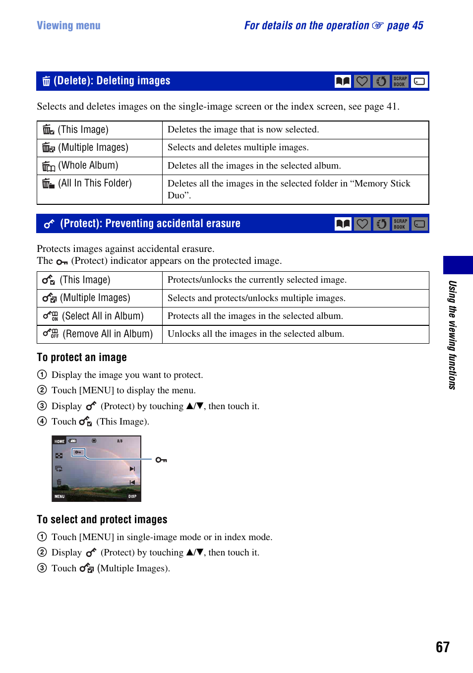 Delete): deleting images, Protect): preventing accidental erasure | Sony DSC-T2 User Manual | Page 67 / 131