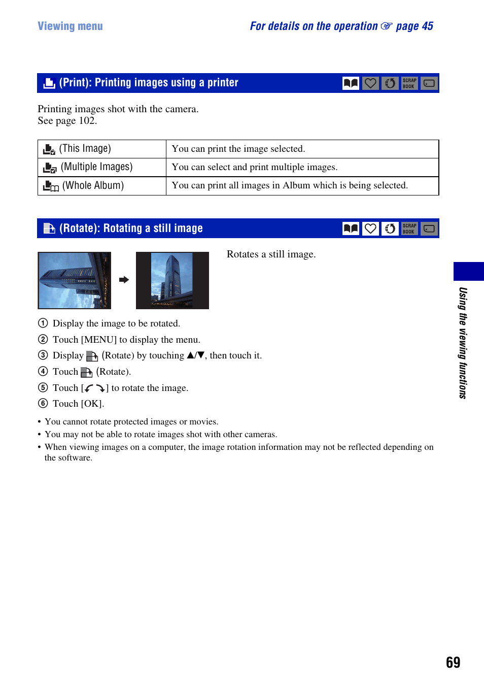 Print): printing images using a printer, Rotate): rotating a still image | Sony DSC-T2 User Manual | Page 69 / 131