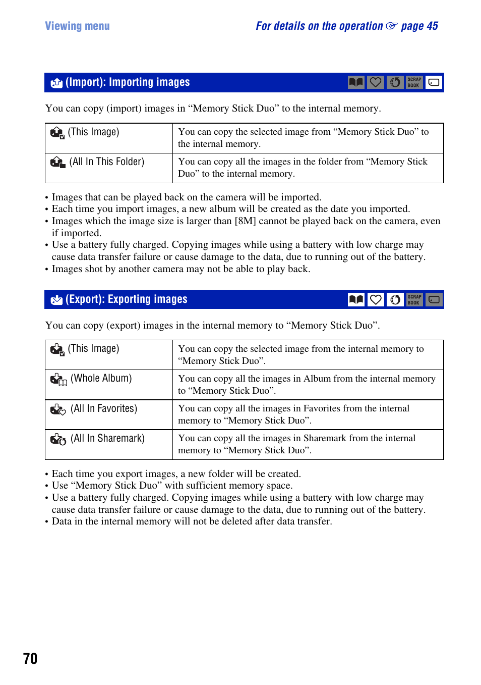 Import): importing images, Export): exporting images | Sony DSC-T2 User Manual | Page 70 / 131