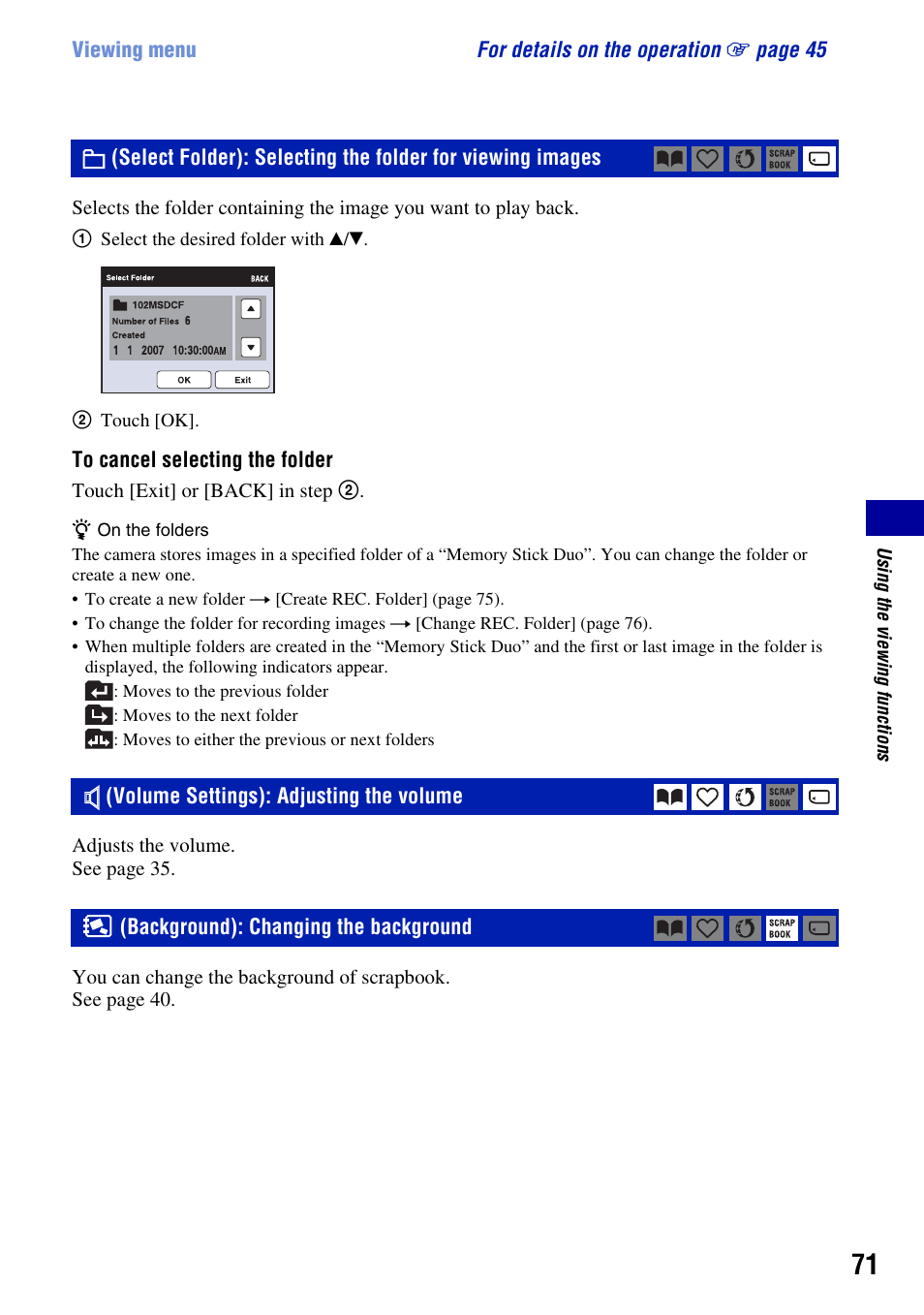 Volume settings): adjusting the volume, Background): changing the background | Sony DSC-T2 User Manual | Page 71 / 131