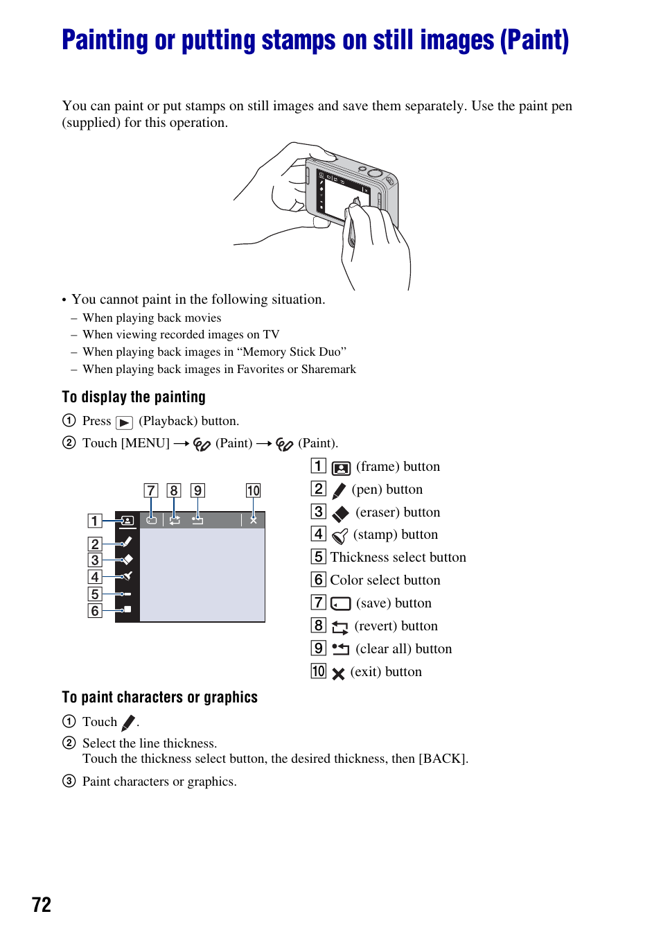 Painting or putting stamps on still images (paint) | Sony DSC-T2 User Manual | Page 72 / 131