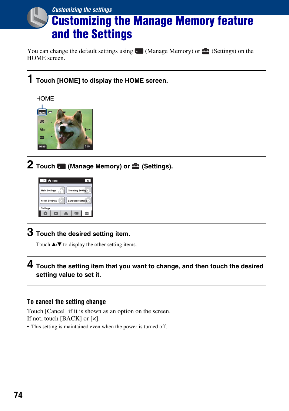 Customizing the settings | Sony DSC-T2 User Manual | Page 74 / 131