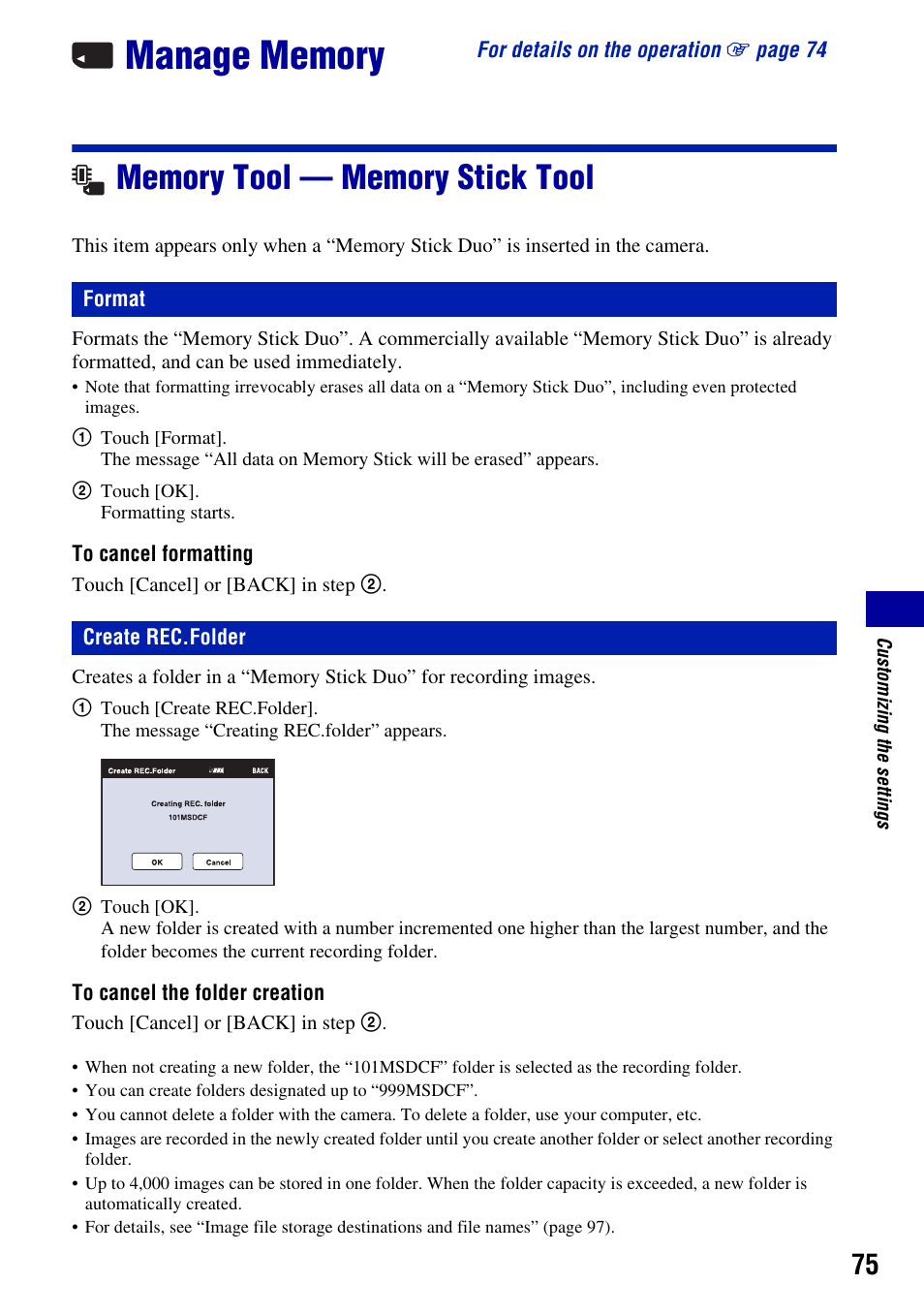 Manage memory, Memory tool - memory stick tool, Format | Create rec.folder, Memory tool — memory stick tool, Format create rec.folder | Sony DSC-T2 User Manual | Page 75 / 131