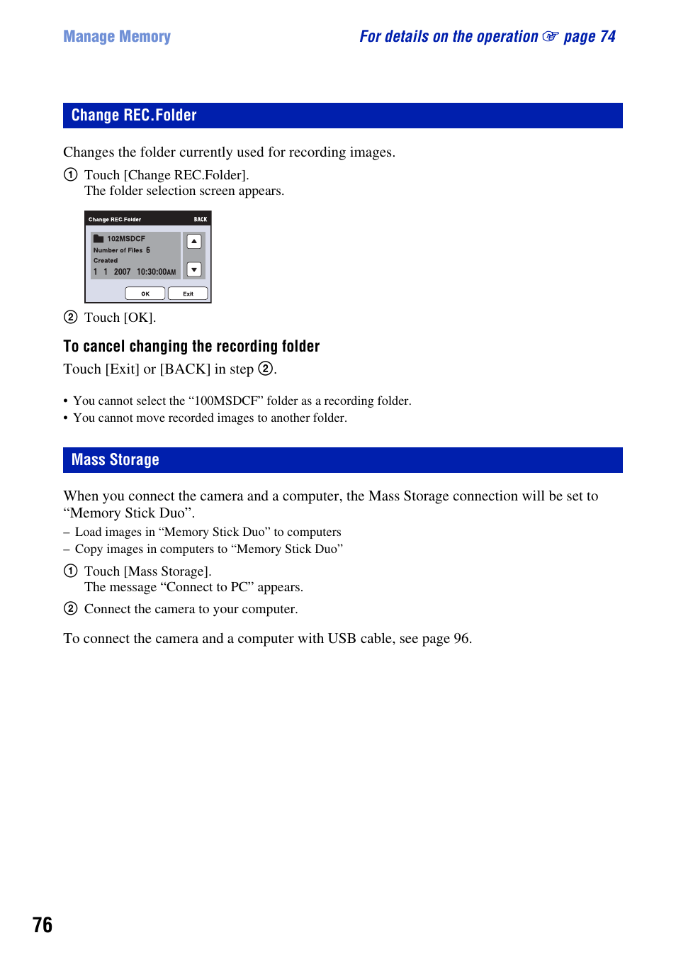 Change rec.folder, Mass storage, Change rec.folder mass storage | Sony DSC-T2 User Manual | Page 76 / 131