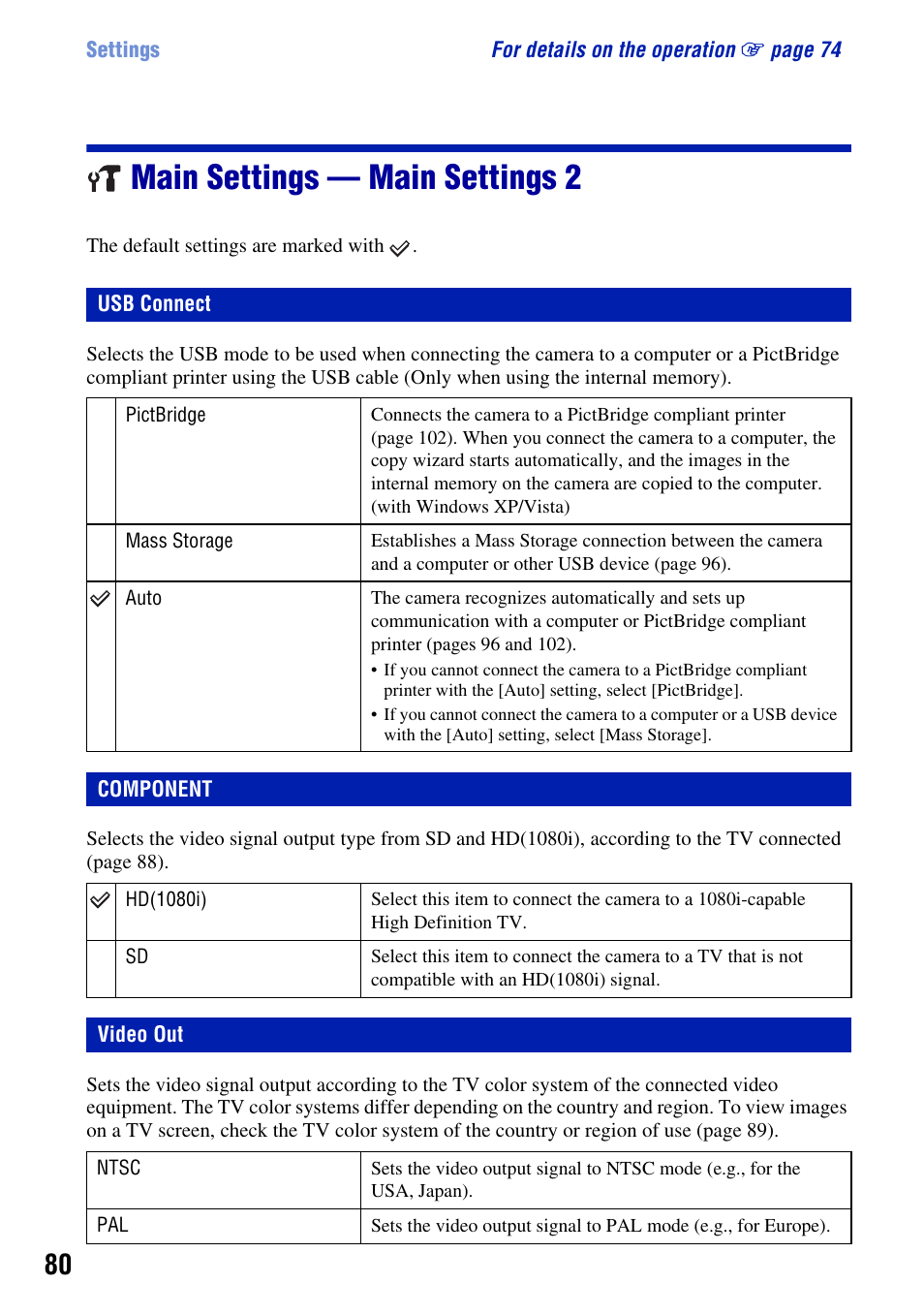 Main settings - main settings 2, Usb connect, Component | Video out, Main settings — main settings 2, Usb connect component | Sony DSC-T2 User Manual | Page 80 / 131