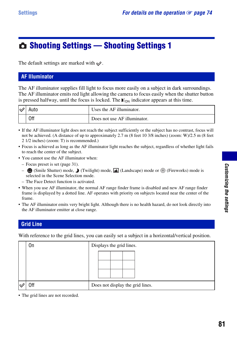 Shooting settings - shooting settings 1, Af illuminator, Grid line | Shooting settings — shooting settings 1, Af illuminator grid line | Sony DSC-T2 User Manual | Page 81 / 131