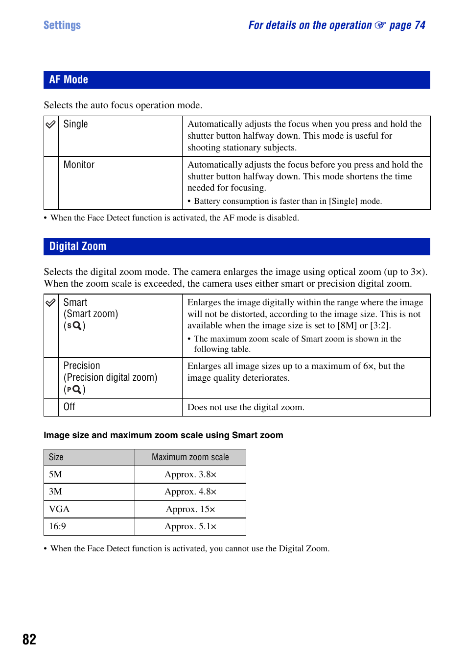 Af mode, Digital zoom, Af mode digital zoom | Sony DSC-T2 User Manual | Page 82 / 131