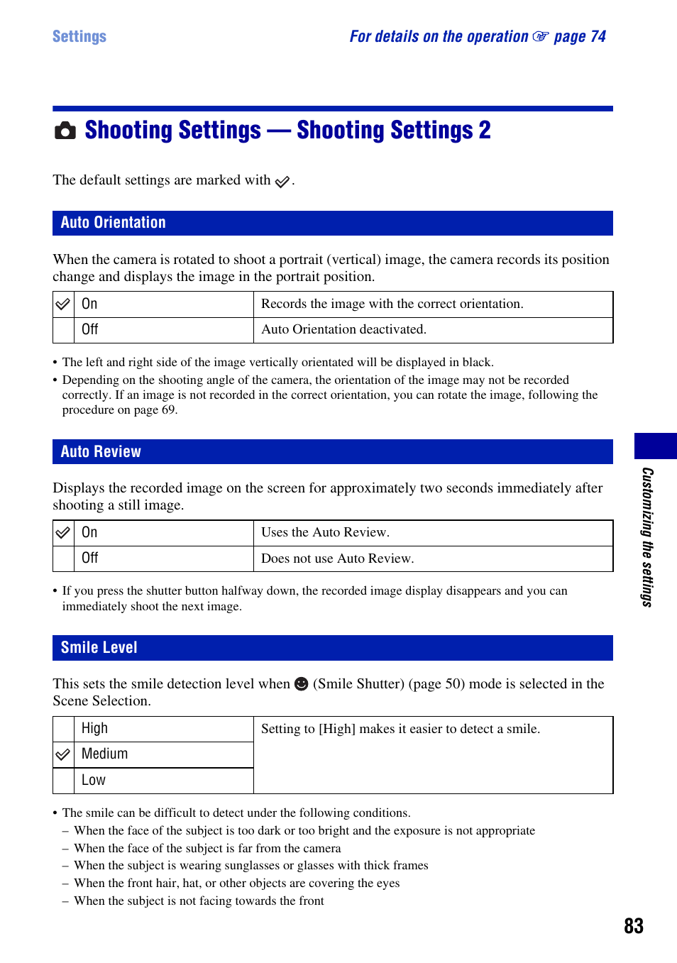 Shooting settings - shooting settings 2, Auto orientation, Auto review | Smile level, Shooting settings — shooting settings 2, Auto orientation auto review | Sony DSC-T2 User Manual | Page 83 / 131