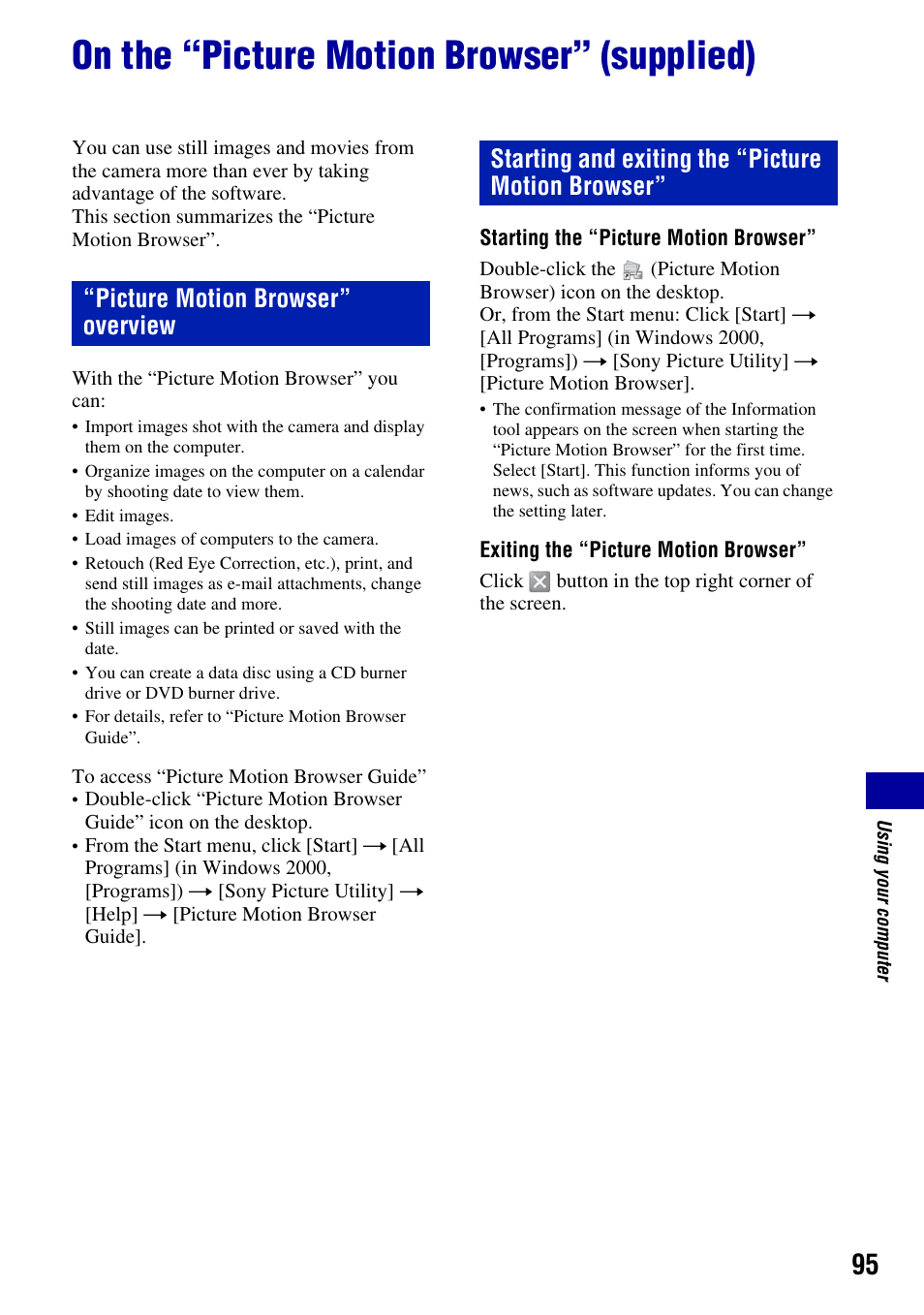 On the “picture motion browser” (supplied), Picture motion browser” overview, Starting and exiting the “picture motion browser | Sony DSC-T2 User Manual | Page 95 / 131