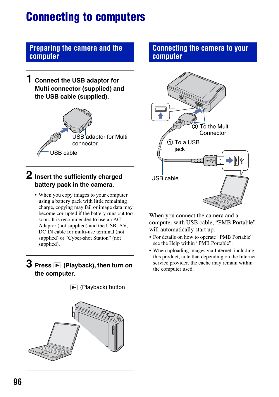 Connecting to computers, Preparing the camera and the computer, Connecting the camera to your computer | Sony DSC-T2 User Manual | Page 96 / 131