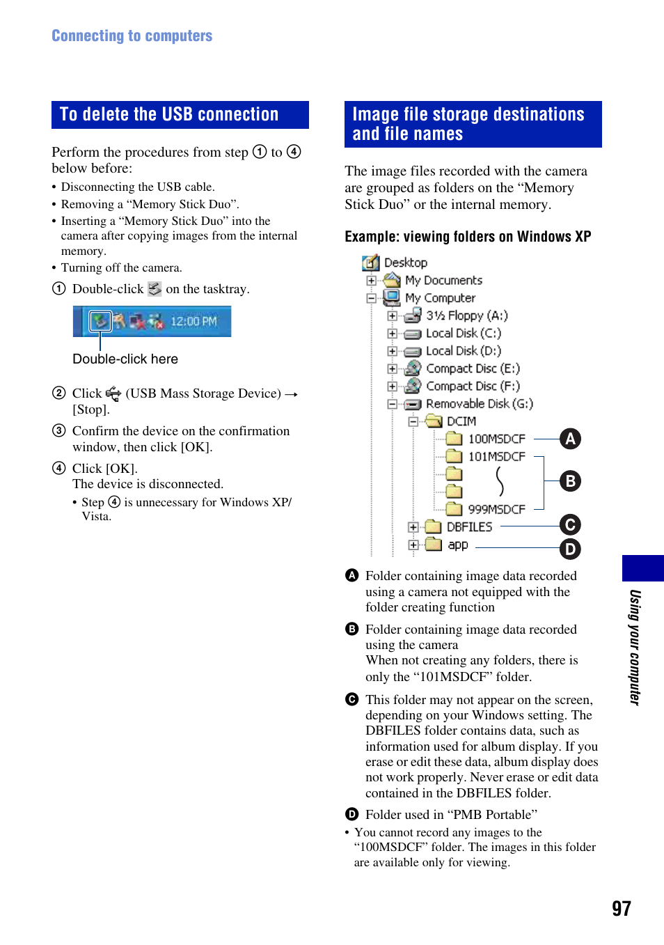 To delete the usb connection, Image file storage destinations and file names | Sony DSC-T2 User Manual | Page 97 / 131