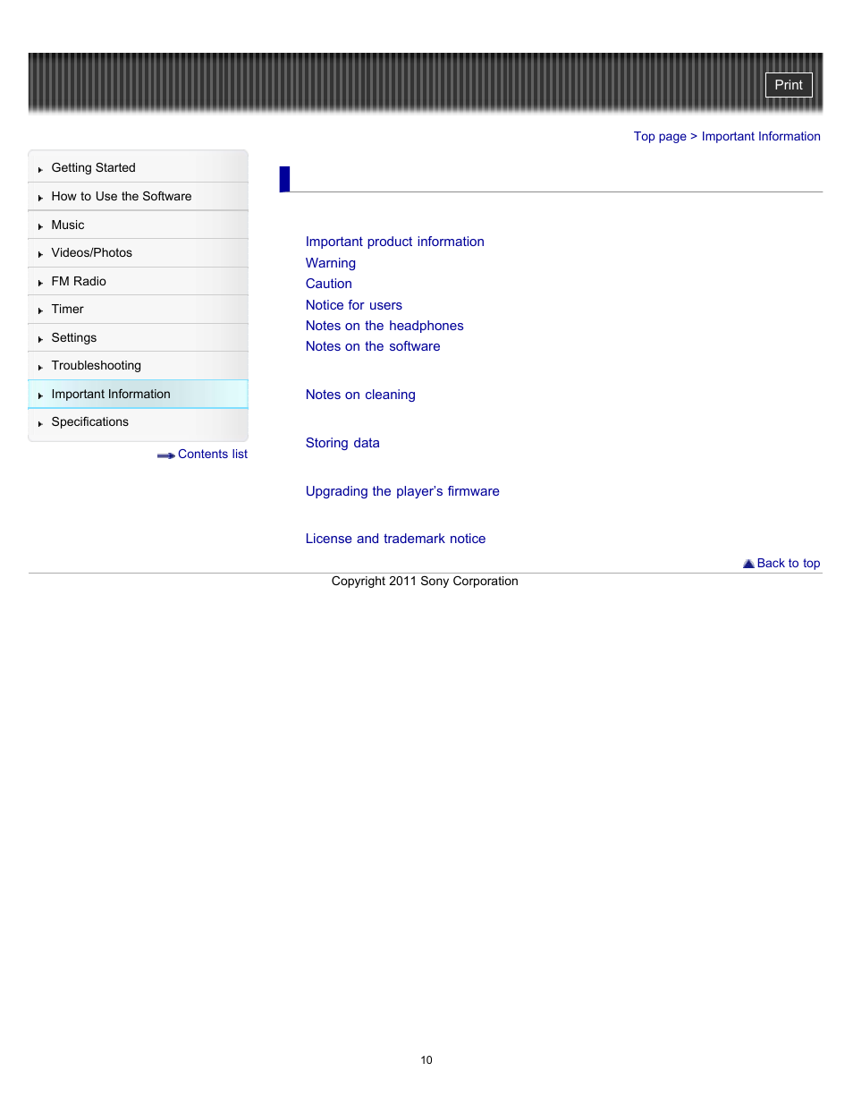 Important information | Sony NWZ-E364BLK User Manual | Page 10 / 172