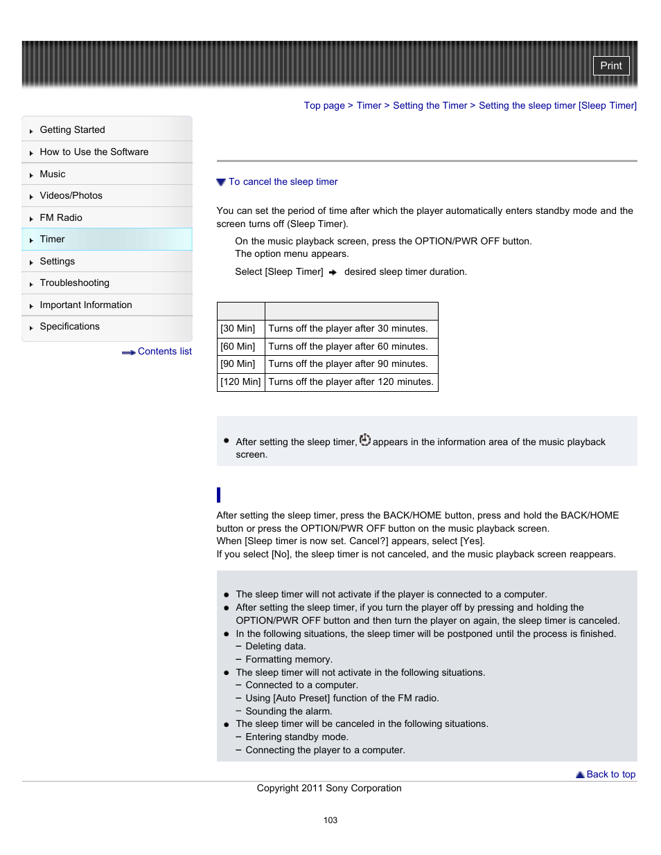 Setting the sleep timer [sleep timer, Details | Sony NWZ-E364BLK User Manual | Page 103 / 172