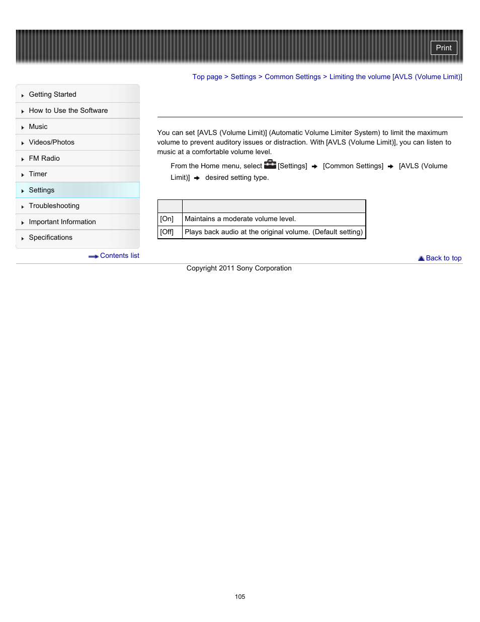 Limiting the volume [avls (volume limit) | Sony NWZ-E364BLK User Manual | Page 105 / 172