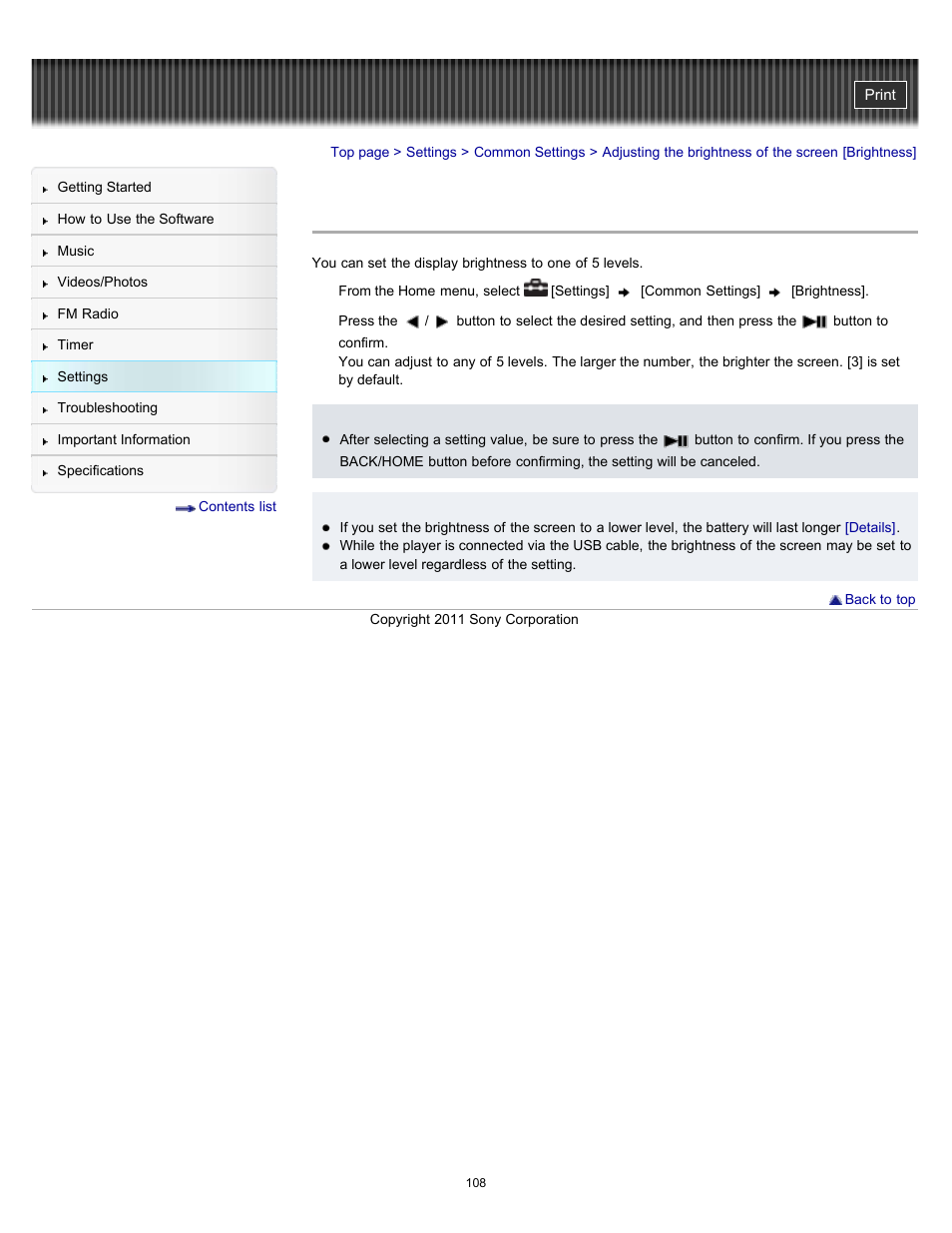 Adjusting the brightness of the screen [brightness, Details | Sony NWZ-E364BLK User Manual | Page 108 / 172