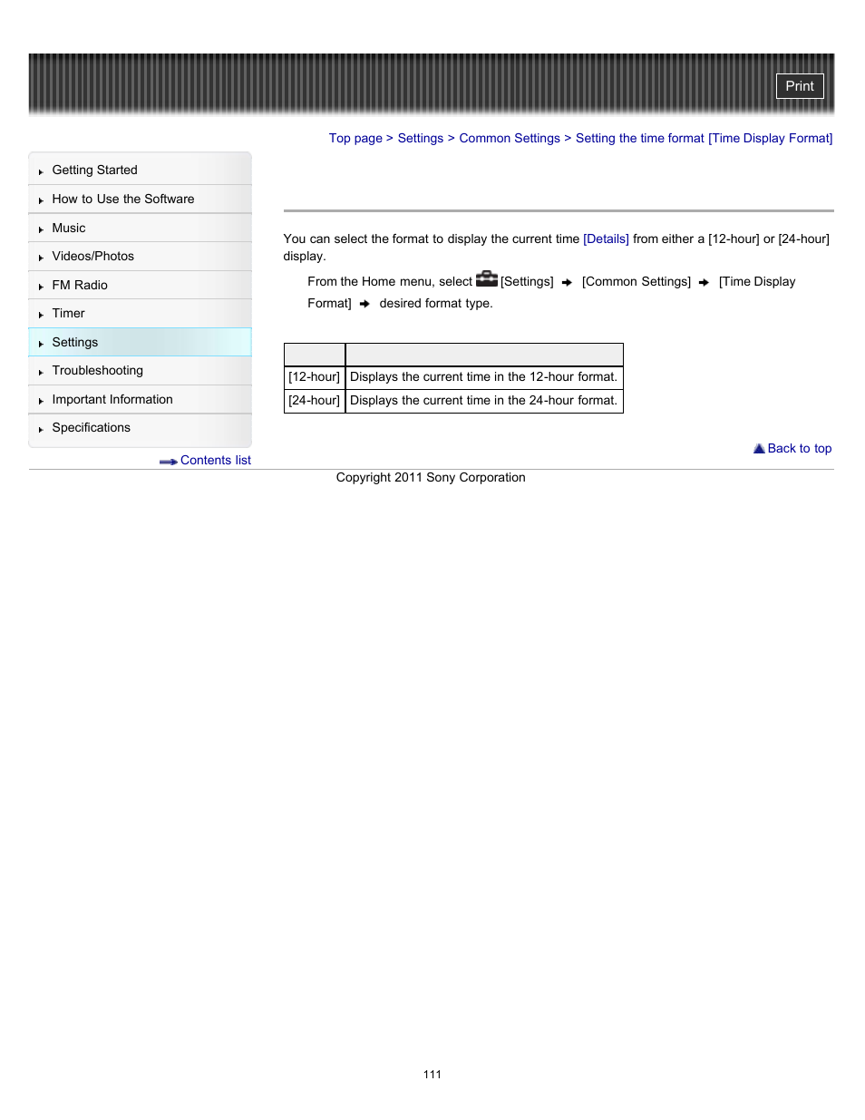 Setting the time format [time display format, Details | Sony NWZ-E364BLK User Manual | Page 111 / 172