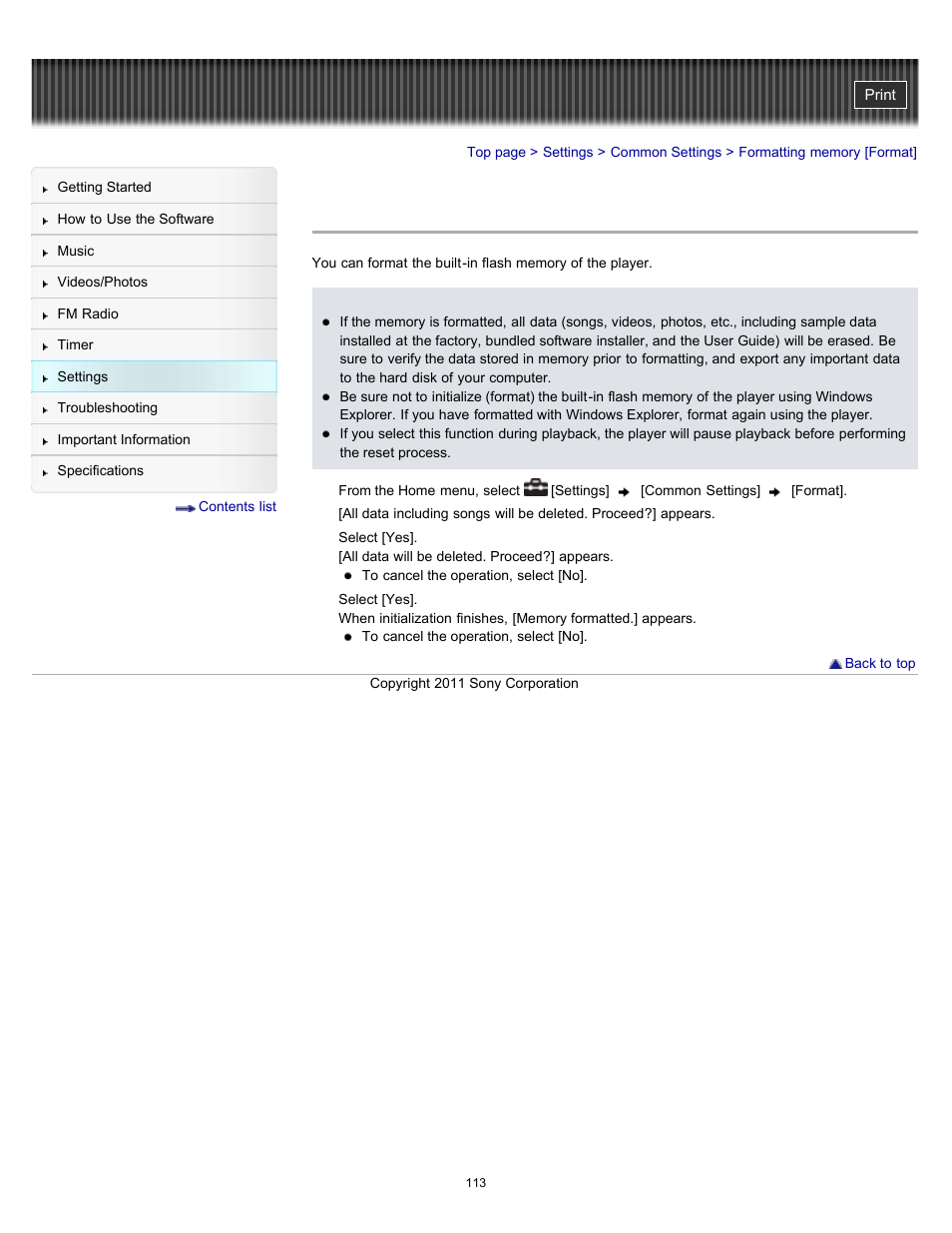 Formatting memory [format, Details | Sony NWZ-E364BLK User Manual | Page 113 / 172