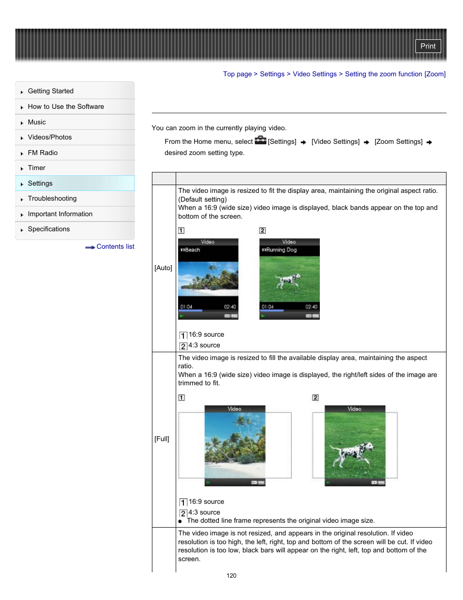 Setting the zoom function [zoom | Sony NWZ-E364BLK User Manual | Page 120 / 172