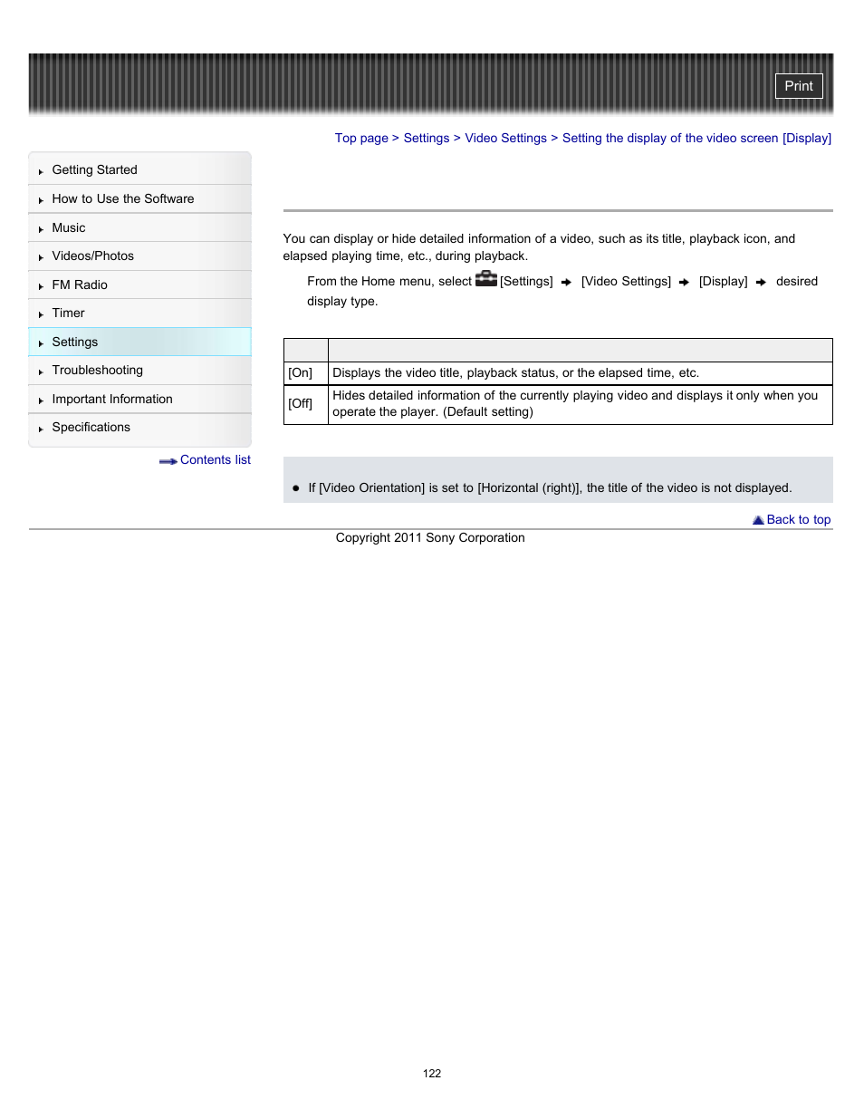 Setting the display of the video screen [display | Sony NWZ-E364BLK User Manual | Page 122 / 172