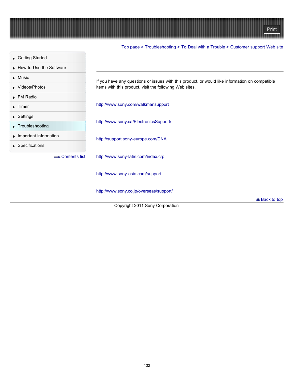 Customer support web site, Details | Sony NWZ-E364BLK User Manual | Page 132 / 172