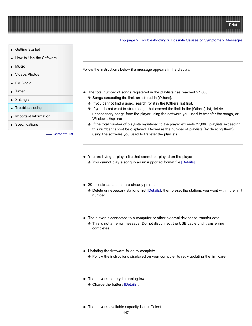 Messages, Details | Sony NWZ-E364BLK User Manual | Page 147 / 172