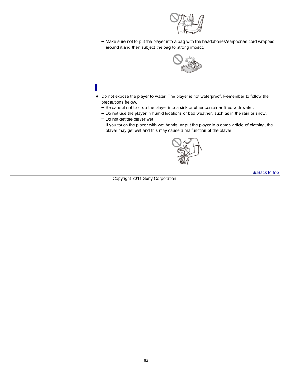 Notes on protecting the player from getting wet | Sony NWZ-E364BLK User Manual | Page 153 / 172