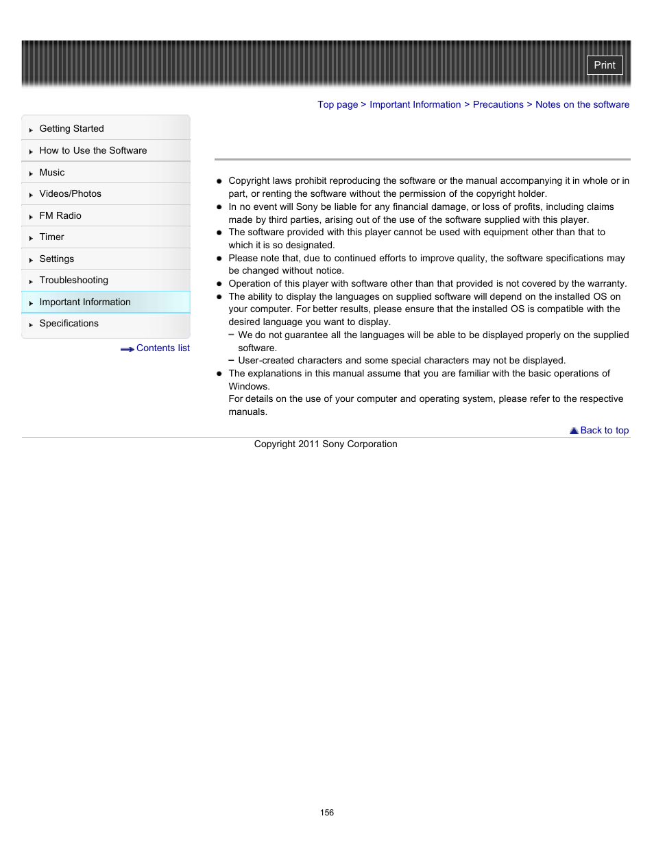 Notes on the software | Sony NWZ-E364BLK User Manual | Page 156 / 172