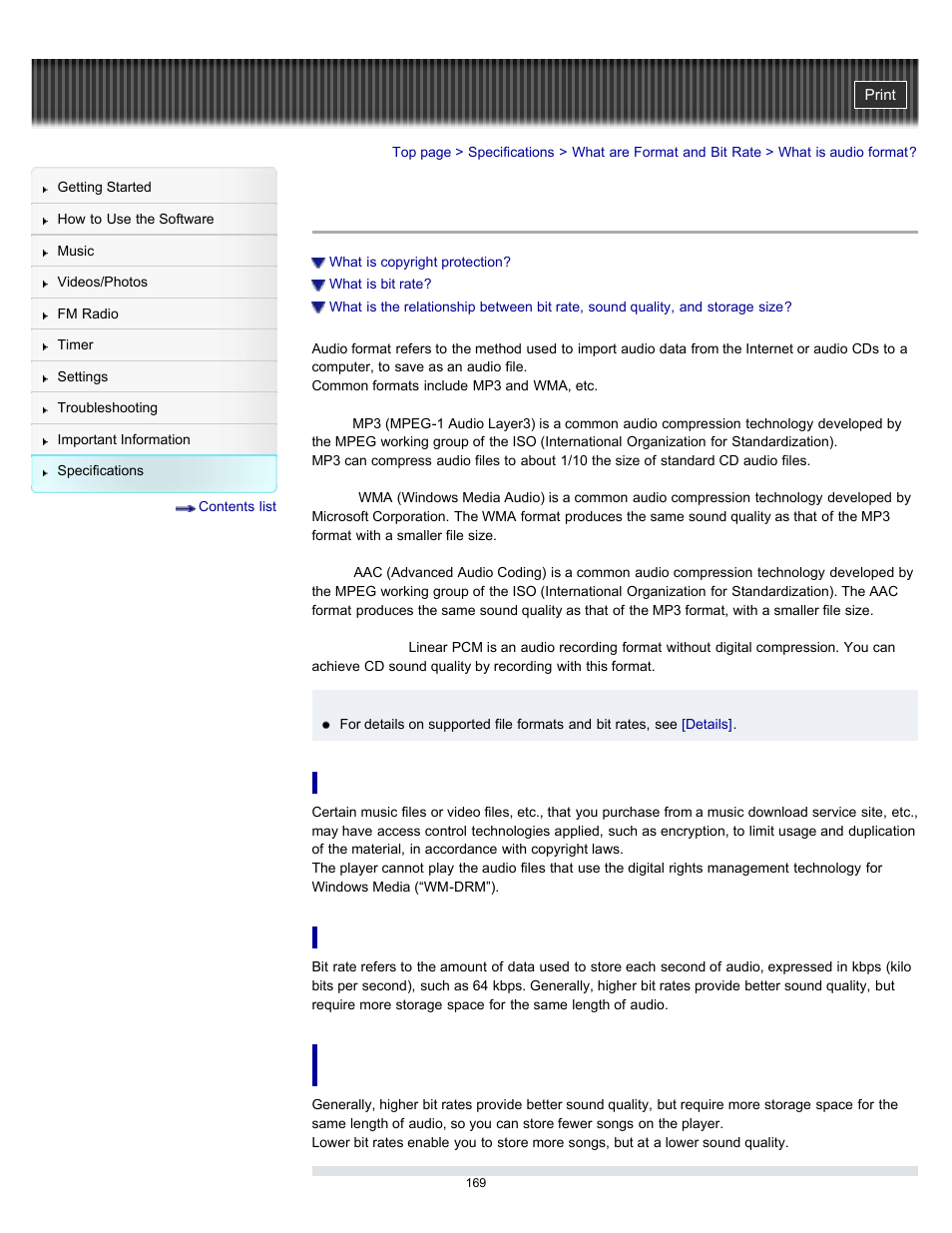 What is audio format | Sony NWZ-E364BLK User Manual | Page 169 / 172