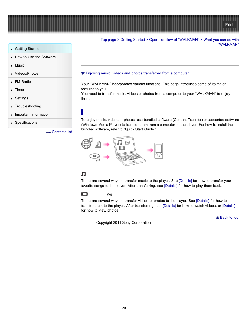 What you can do with “walkman | Sony NWZ-E364BLK User Manual | Page 20 / 172