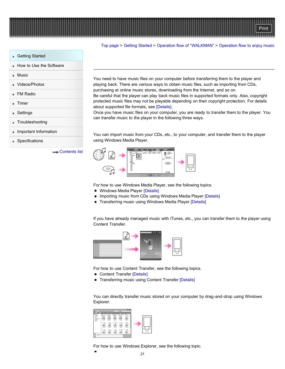 Operation flow to enjoy music, Details | Sony NWZ-E364BLK User Manual | Page 21 / 172