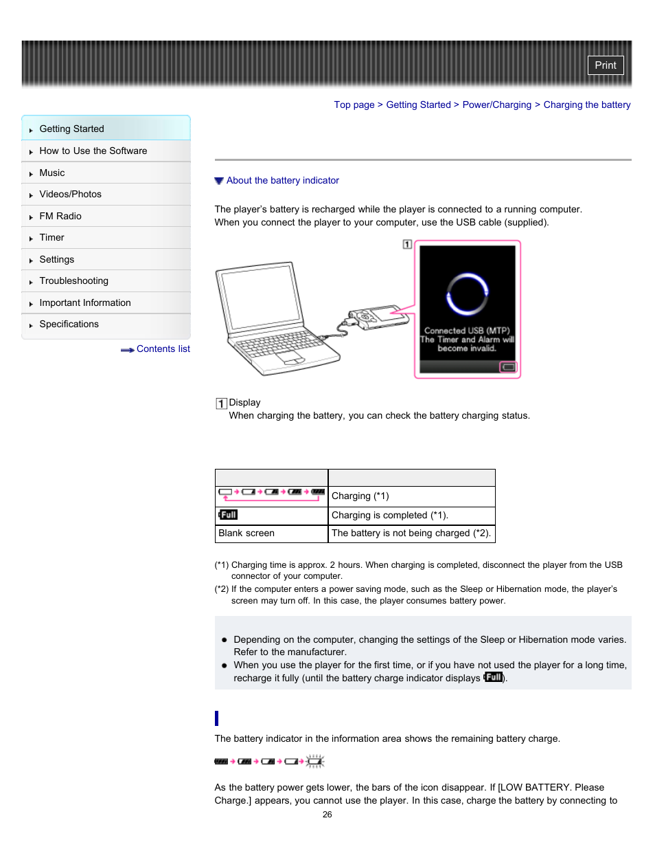 Charging the battery, Details | Sony NWZ-E364BLK User Manual | Page 26 / 172