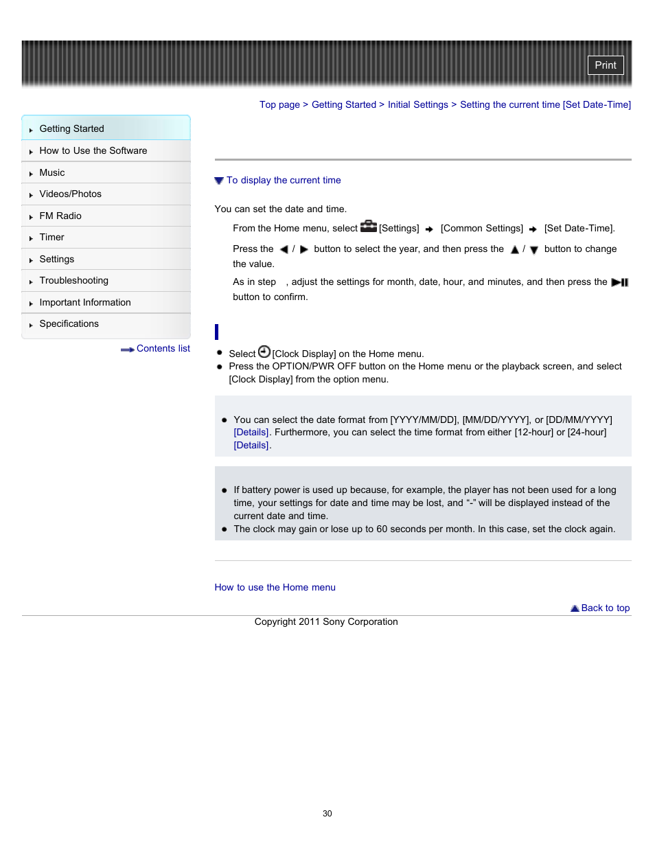 Setting the current time [set date-time | Sony NWZ-E364BLK User Manual | Page 30 / 172