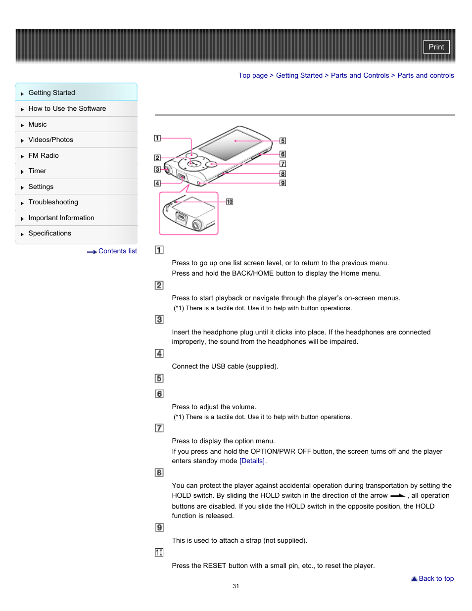 Parts and controls, Details | Sony NWZ-E364BLK User Manual | Page 31 / 172