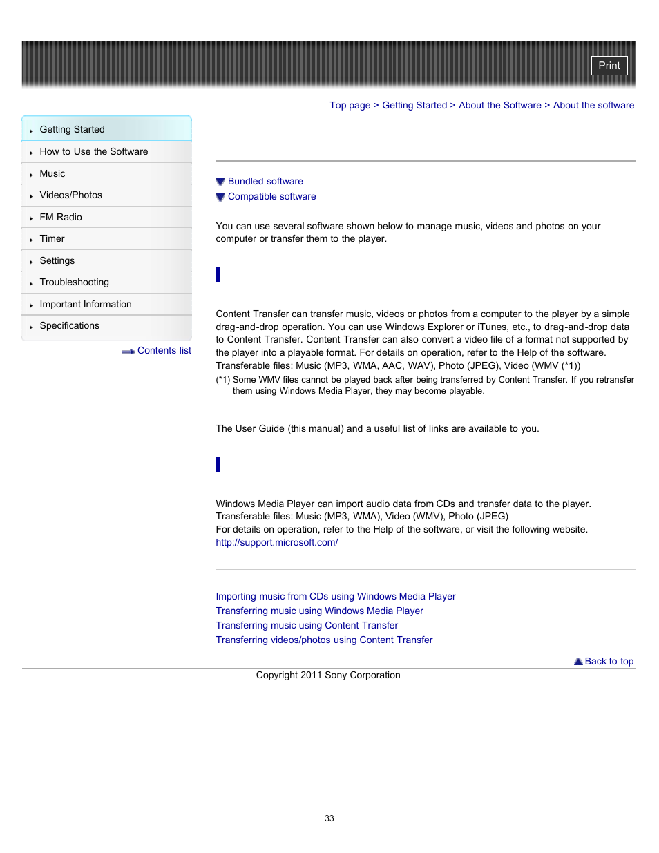 About the software, Details | Sony NWZ-E364BLK User Manual | Page 33 / 172