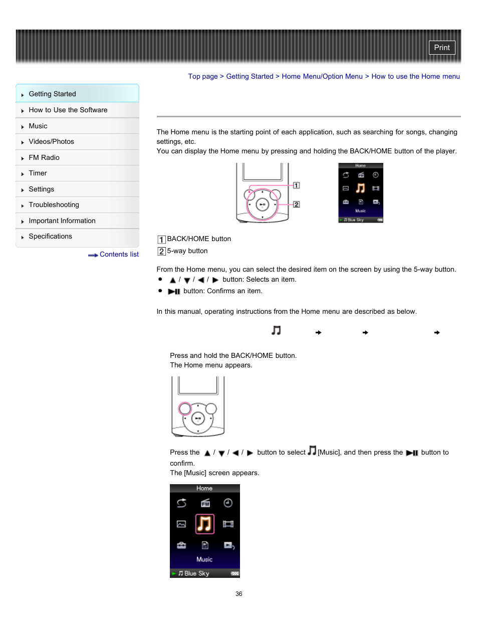 How to use the home menu, Details | Sony NWZ-E364BLK User Manual | Page 36 / 172