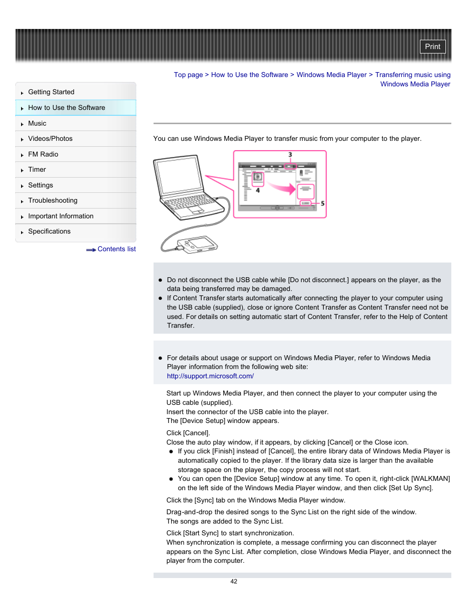 Transferring music using windows media player, Details | Sony NWZ-E364BLK User Manual | Page 42 / 172