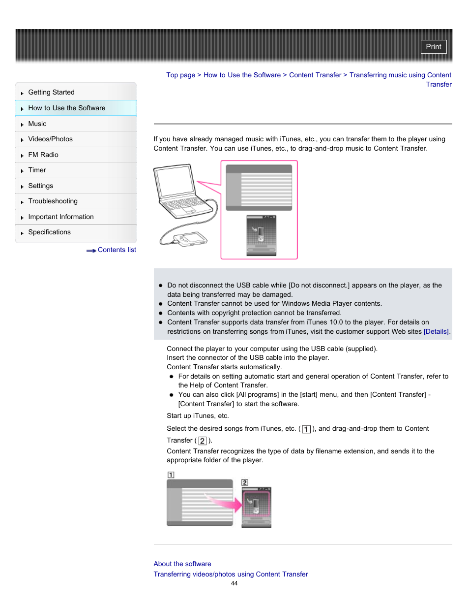 Transferring music using content transfer, Details | Sony NWZ-E364BLK User Manual | Page 44 / 172