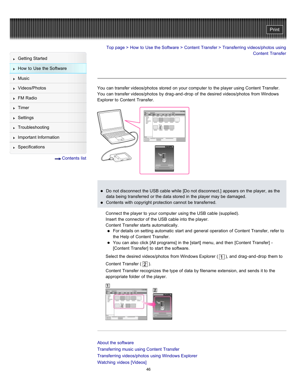 Transferring videos/photos using content transfer, Details | Sony NWZ-E364BLK User Manual | Page 46 / 172