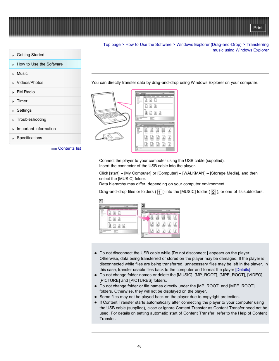 Transferring music using windows explorer, Details | Sony NWZ-E364BLK User Manual | Page 48 / 172