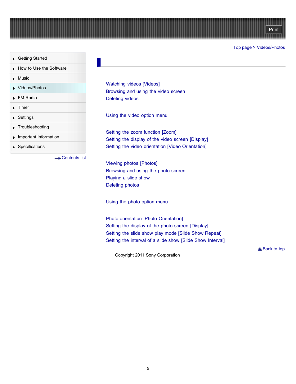 Videos/photos | Sony NWZ-E364BLK User Manual | Page 5 / 172