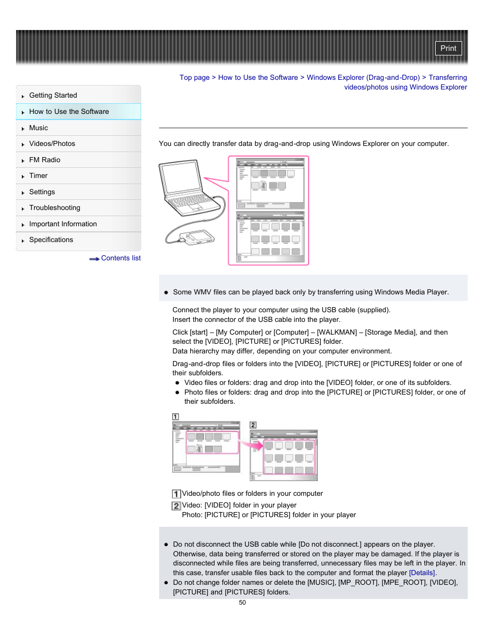 Transferring videos/photos using windows explorer, Details | Sony NWZ-E364BLK User Manual | Page 50 / 172