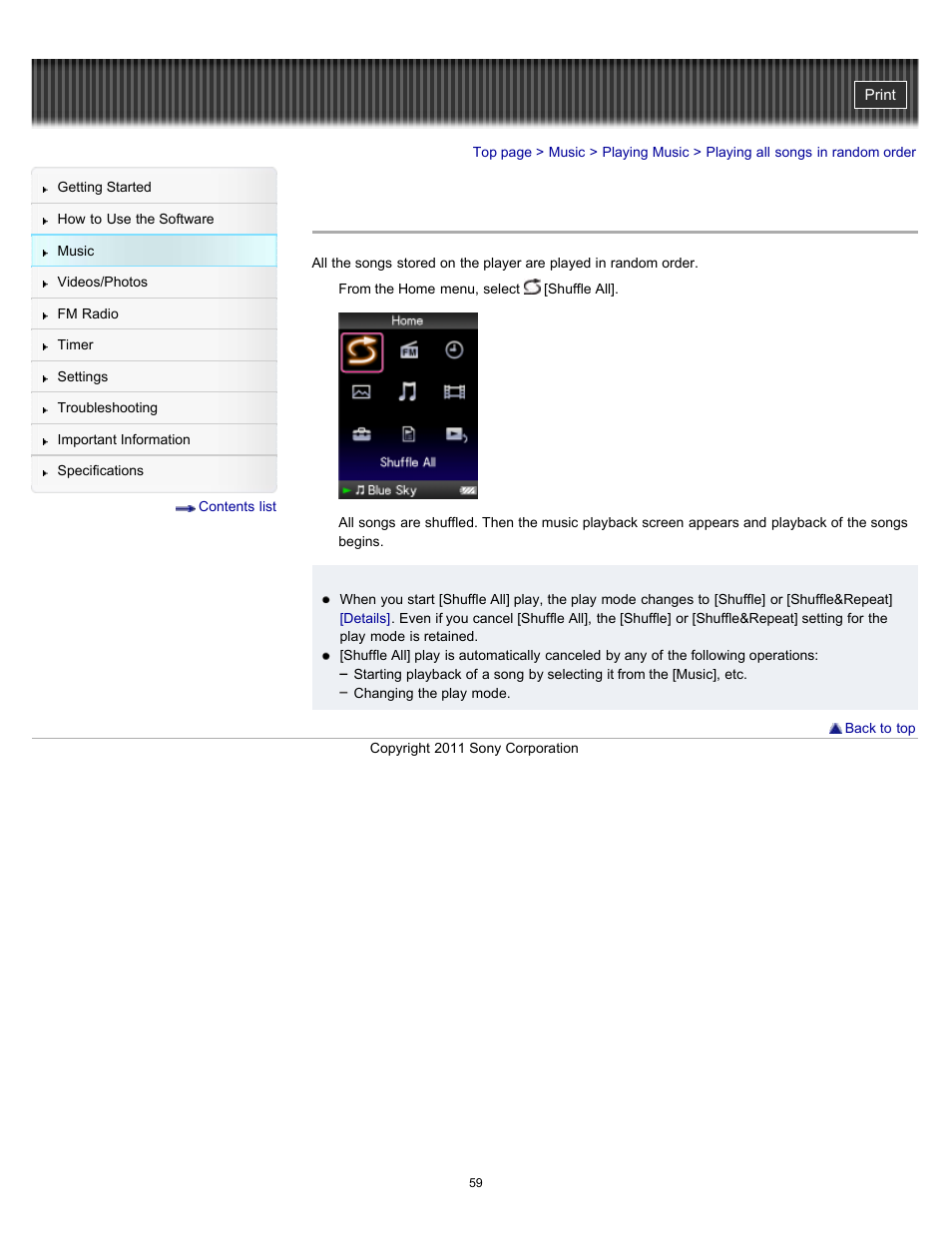 Playing all songs in random order, Details | Sony NWZ-E364BLK User Manual | Page 59 / 172