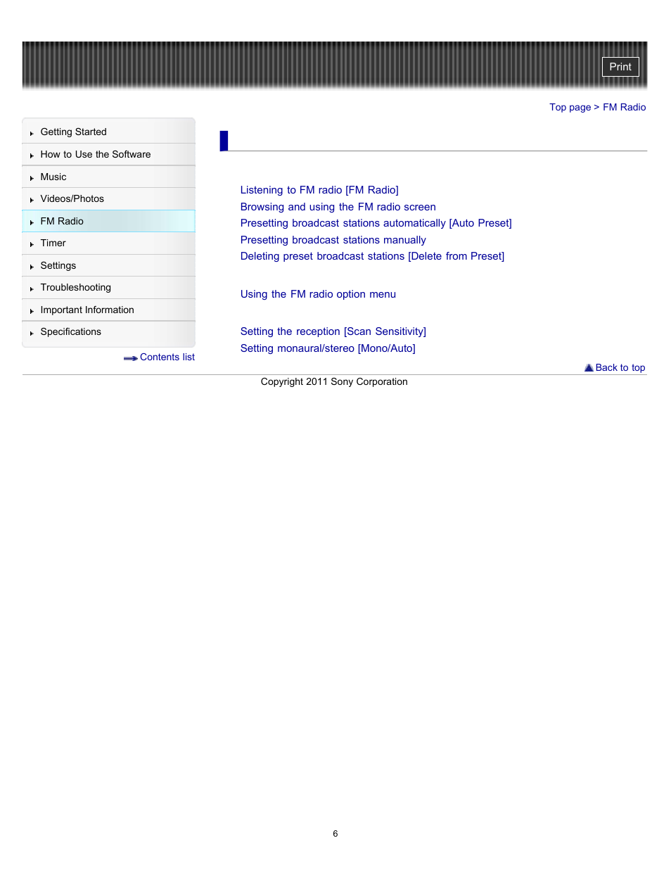 Fm radio | Sony NWZ-E364BLK User Manual | Page 6 / 172