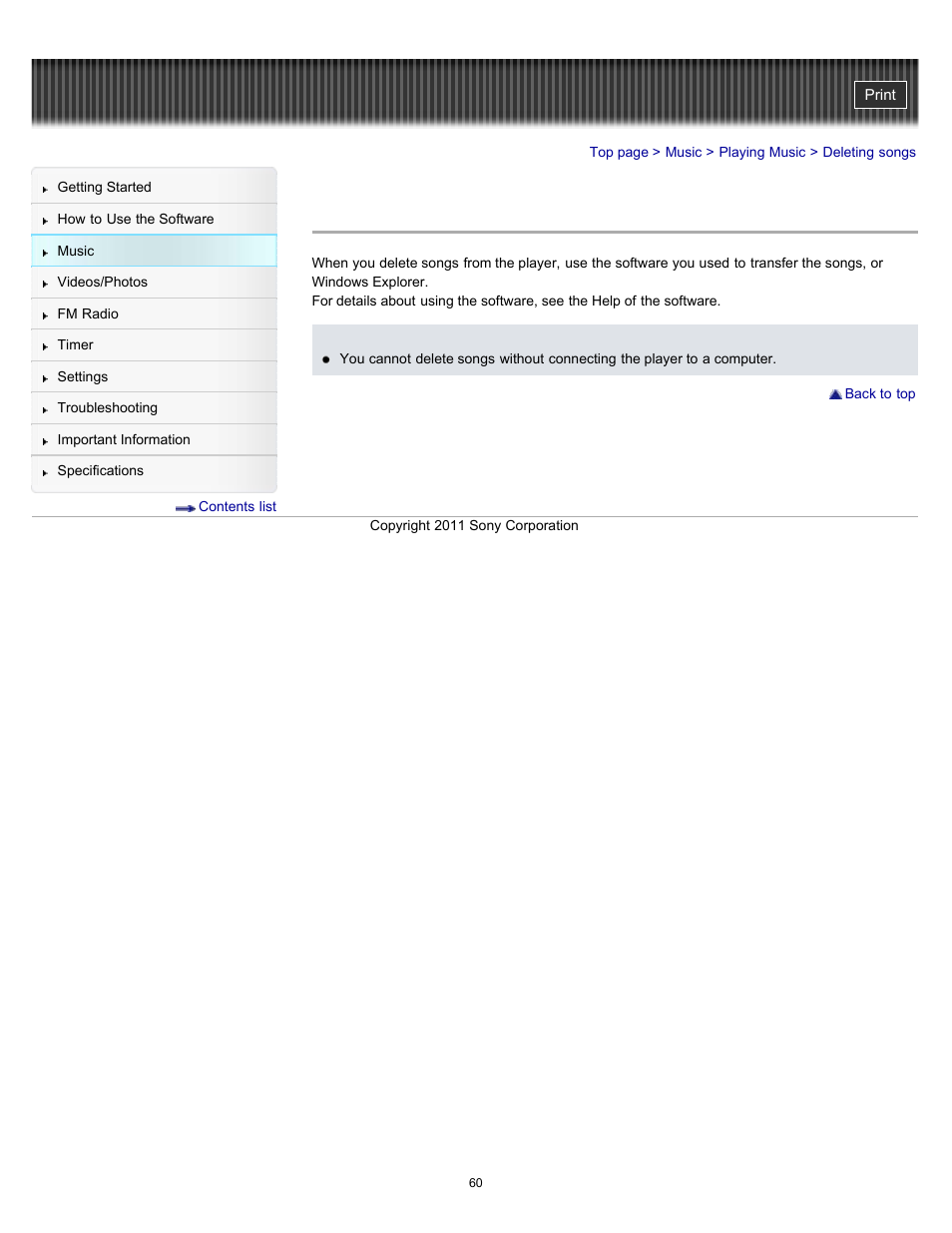 Deleting songs | Sony NWZ-E364BLK User Manual | Page 60 / 172