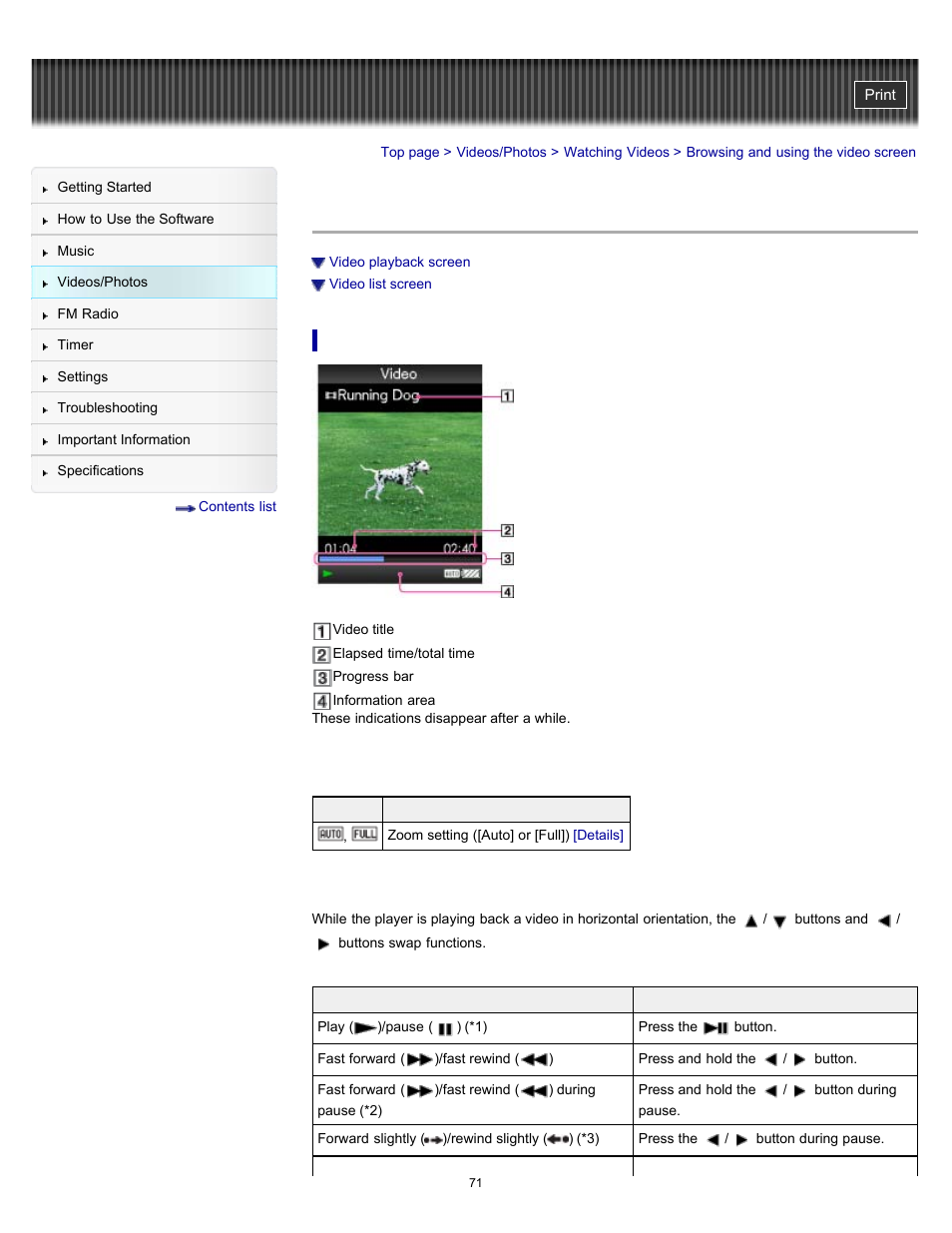 Browsing and using the video screen, Details | Sony NWZ-E364BLK User Manual | Page 71 / 172