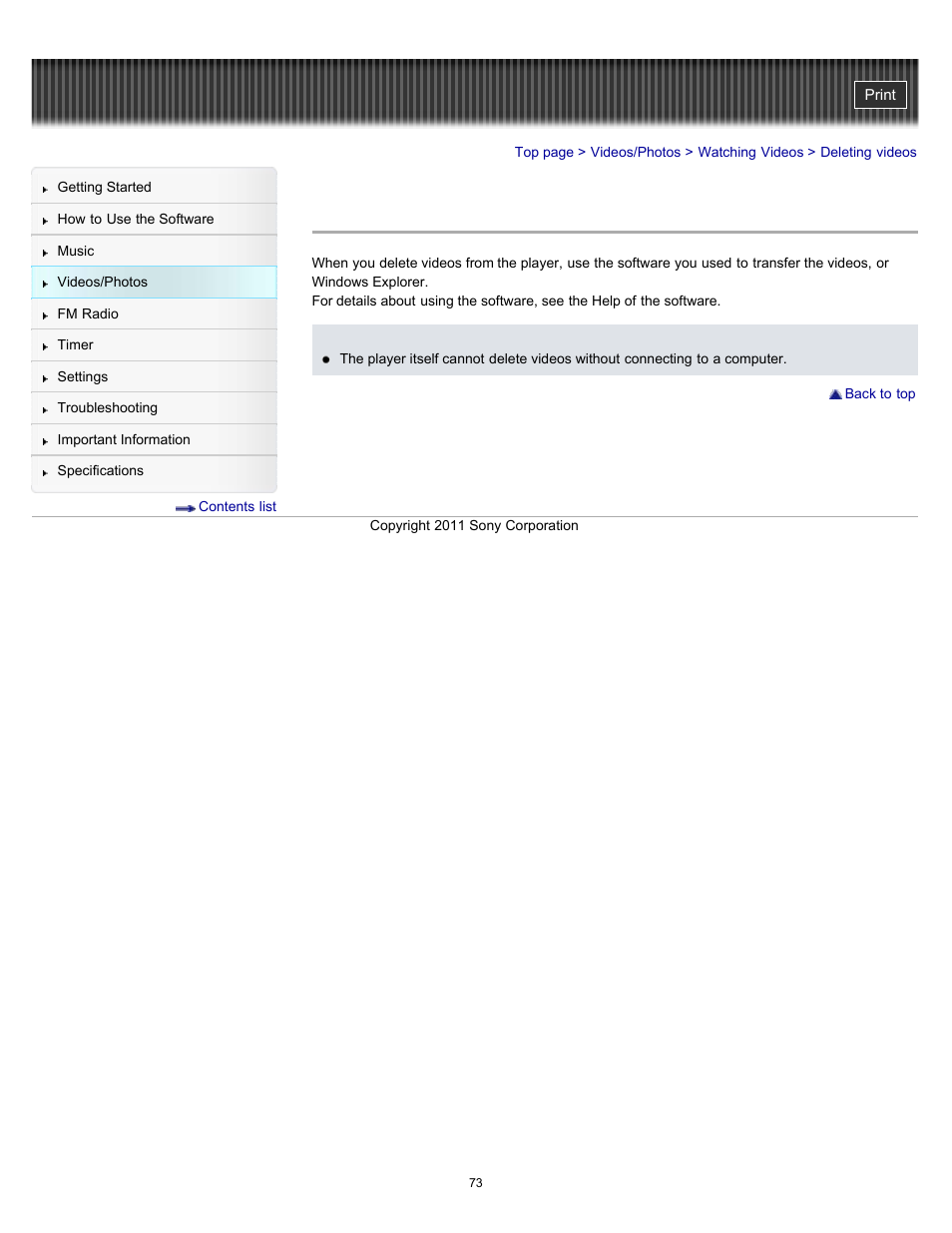 Deleting videos | Sony NWZ-E364BLK User Manual | Page 73 / 172