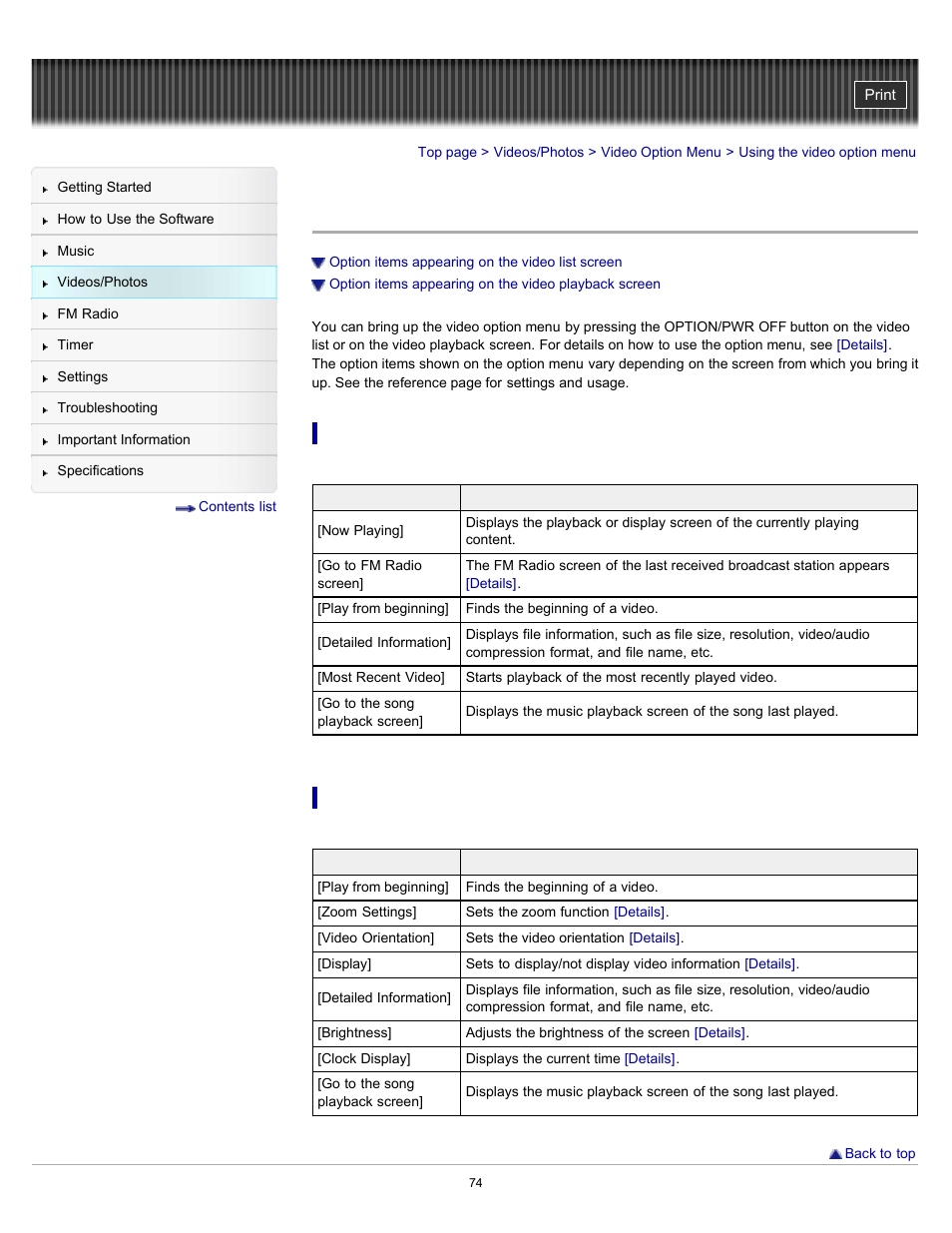 Using the video option menu | Sony NWZ-E364BLK User Manual | Page 74 / 172